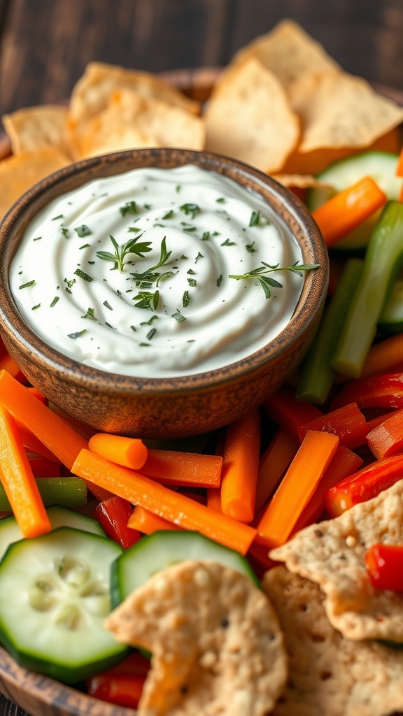 A bowl of creamy garlic herb dip with fresh vegetables and chips on a wooden platter.